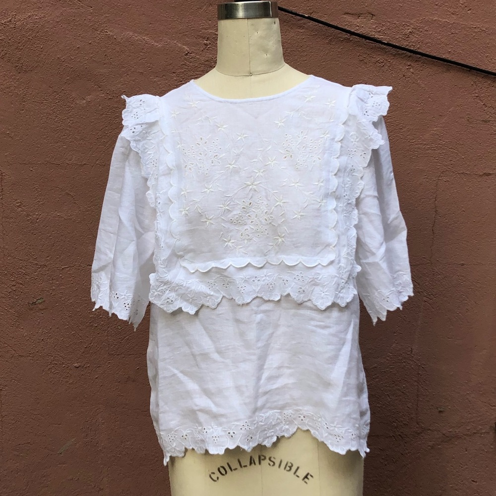 Rebecca Taylor La Vie Linen Ruffle Blouse Medium